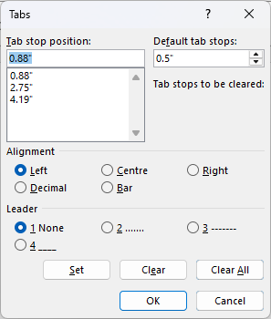 Tabs options dialog in Word